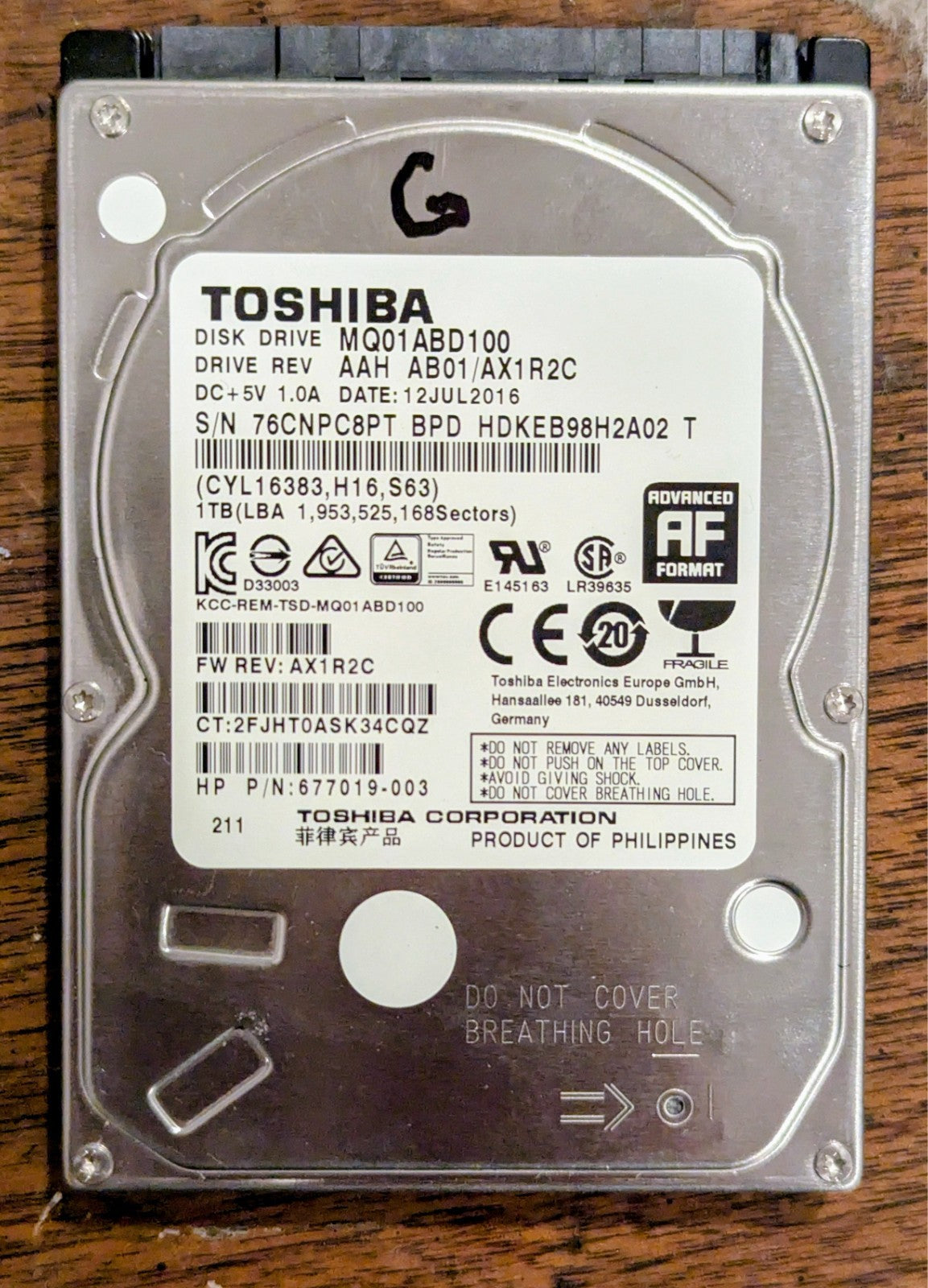 Toshiba MQ01ABD100 1TB 5400RPM 2.5" SATA 3Gb/s Hard Drive for PS4, PS3, Laptop