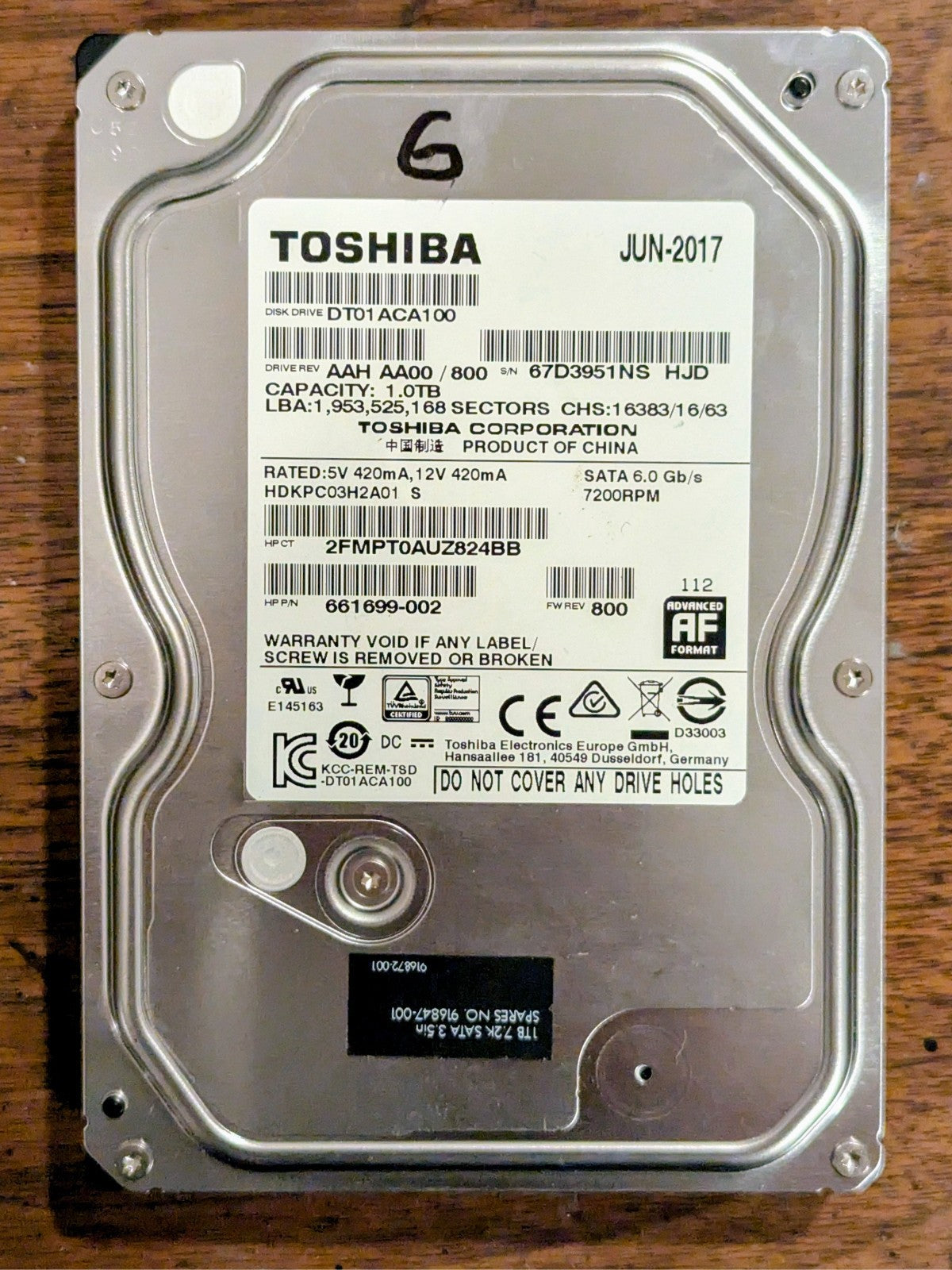 Toshiba DT01ACA100 1TB 3.5" SATA III HDD