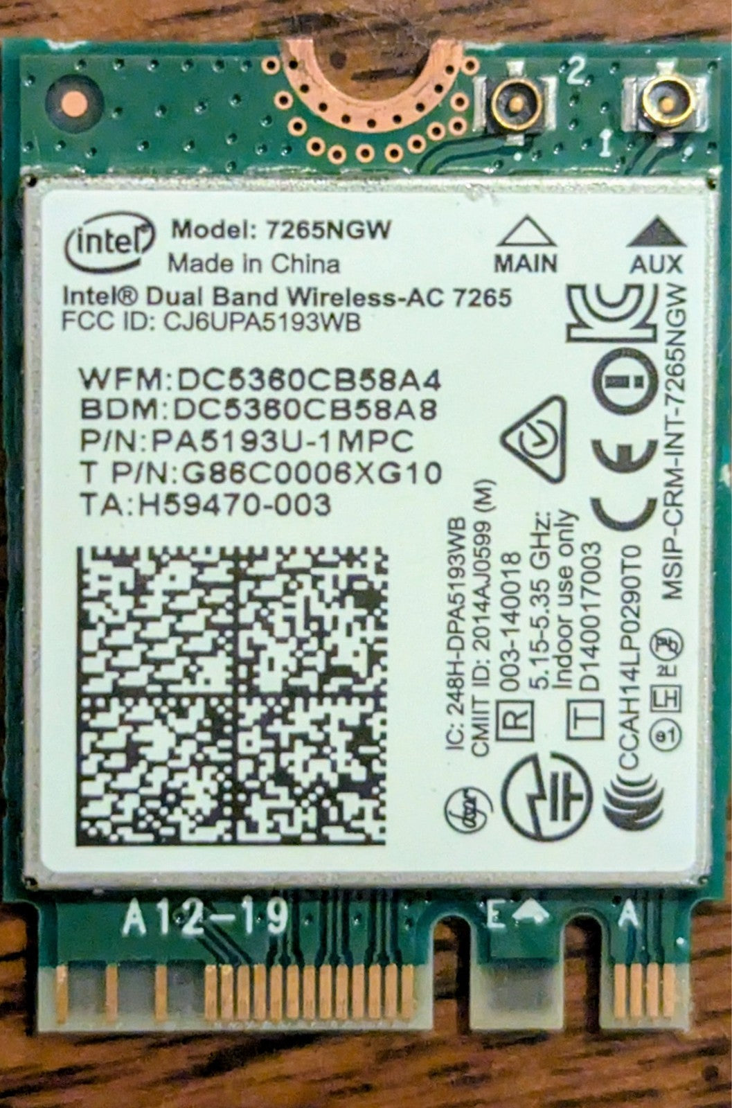 Intel 7265 IEEE 802.11ac Bluetooth 4.0 Wi-Fi-Bluetooth Combo Adapter
