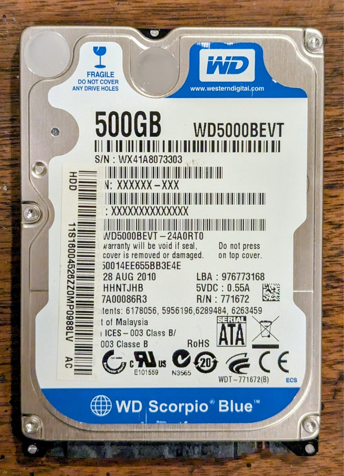500GB 2.5" SATA Hard Drive Western Digital WD5000BEVT